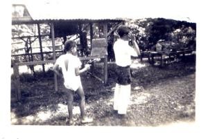 Walter and Rob playing 'robbers' with a toy pistol in 1941.