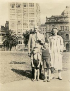 The family disembarked for a day at Sydney.Hannie,her father and two brothers Arend (left) and Henk (right) near the Sydney Harbour Bridge.